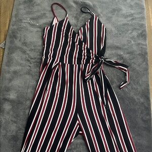 Striped Wrap Jumpsuit in Black & Burgundy